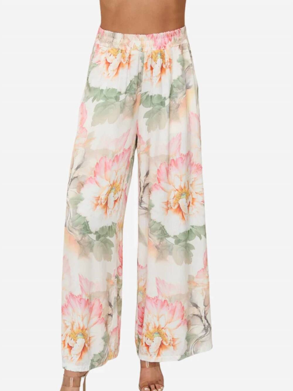NEW MILIO MILANO water color peony print elastic waistband pants with pockets in